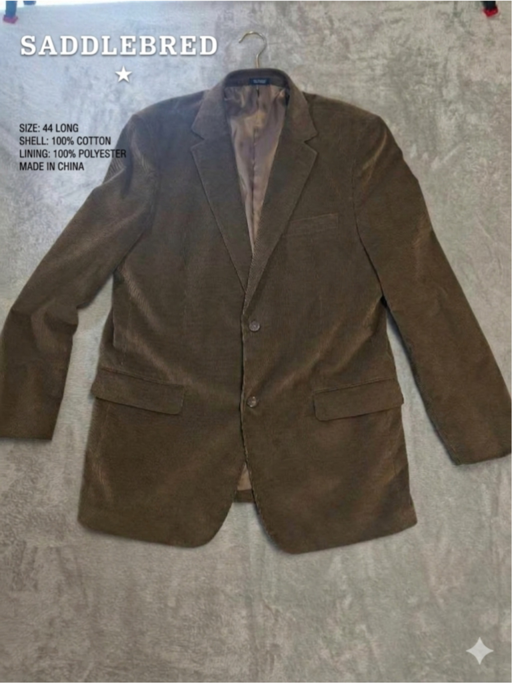 Saddlebred Men's Corduroy Blazer Sport Coat Jacket Tan Brown 44 Long 44L